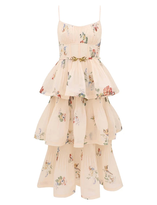 Pleated Tiered Midi Dress in Cream Bird Print