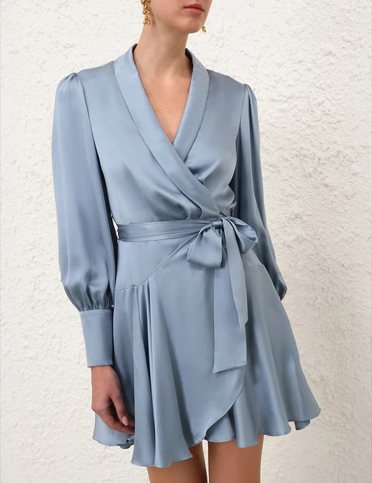 Silk Wrap Mini Dress in Ocean Blue