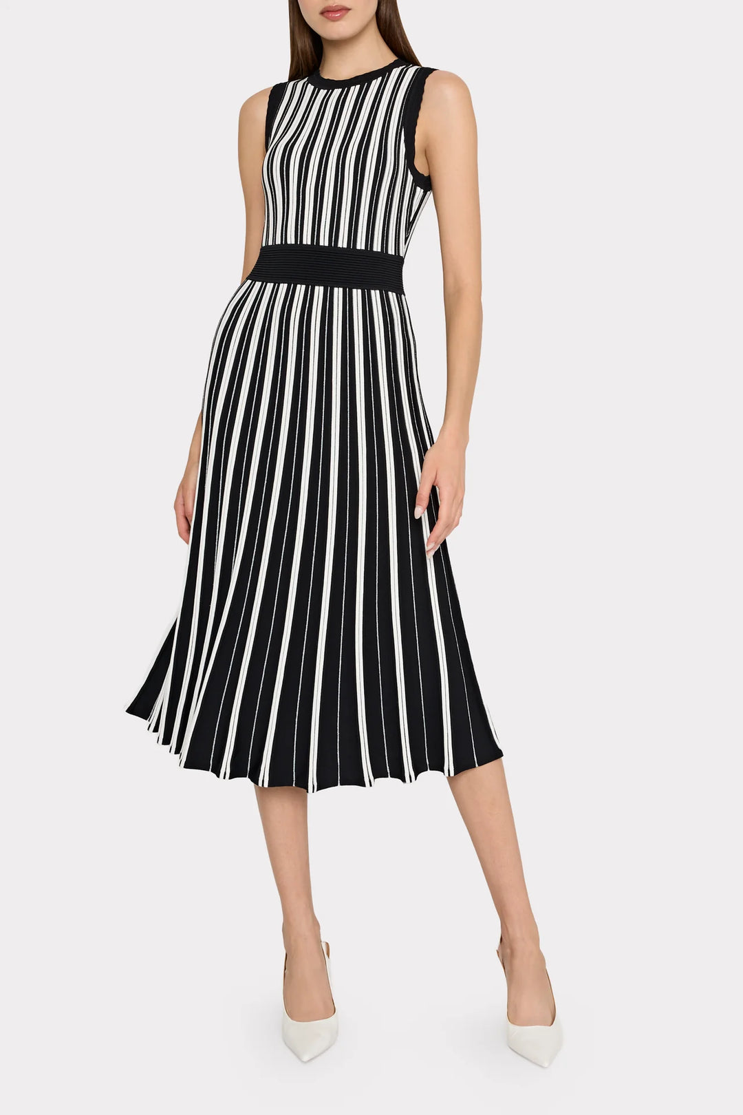 Pleated Knit Midi Midi Dress in Ecru, Black & Silver