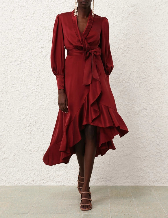 Silk Wrap Midi Dress - Burgundy