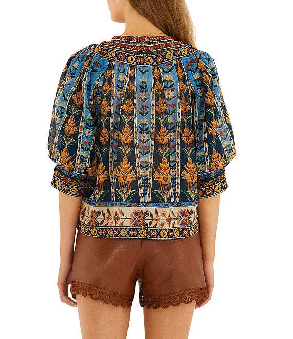 Embroidered Tapestry V-Neck Short Sleeve Blouse