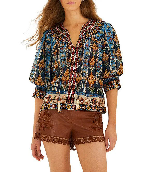 Embroidered Tapestry V-Neck Short Sleeve Blouse
