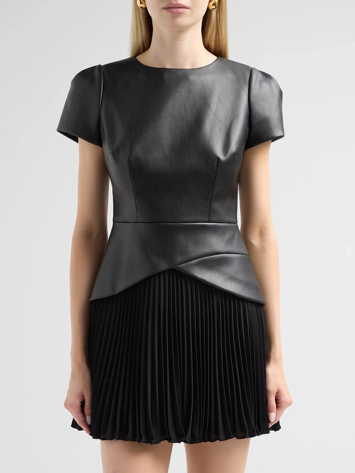 Haddy Leather Pleated Combo Mini Dress