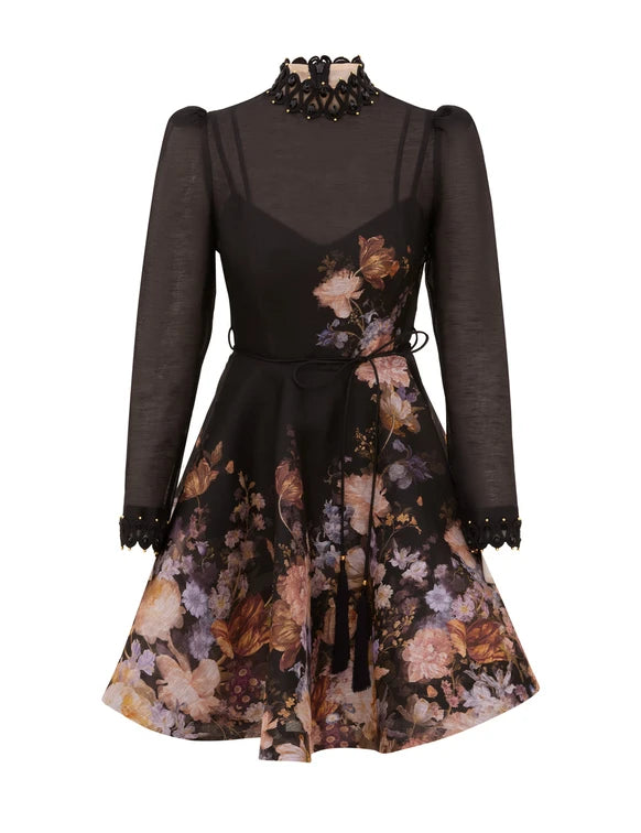 Valiant Embellish Mini Dress in Black Floral