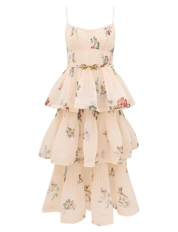 Pleated Tiered Midi Dress in Cream Bird Print