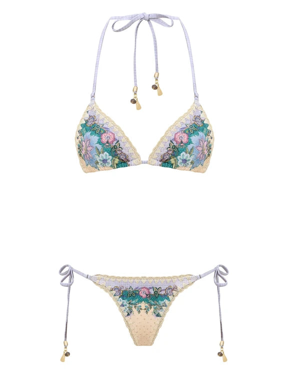 Indra Crochet Detail Bikini in Cream Scarf Floral