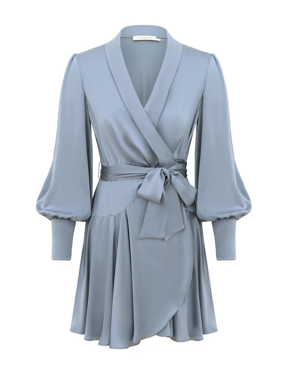 Silk Wrap Mini Dress in Ocean Blue