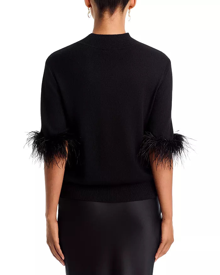 Feather Trim Short Sleeve Sweater