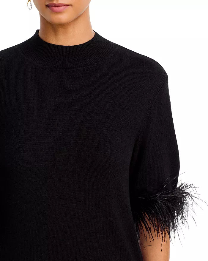 Feather Trim Short Sleeve Sweater