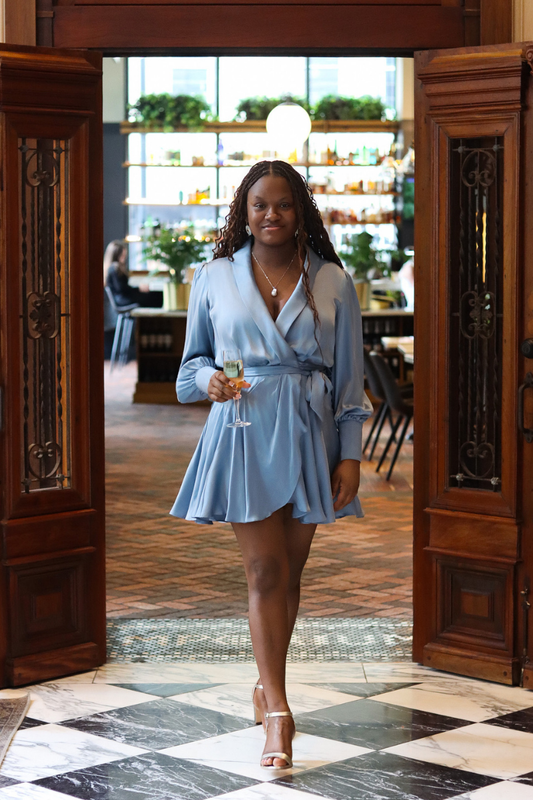 Silk Wrap Mini Dress in Ocean Blue