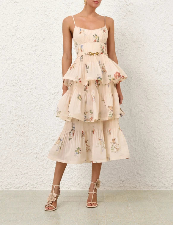 Pleated Tiered Midi Dress in Cream Bird Print