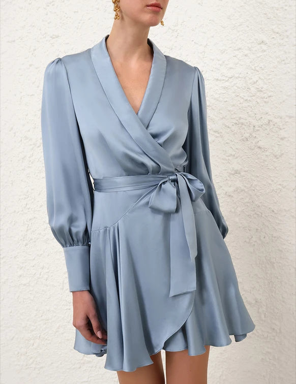 Silk Wrap Mini Dress in Ocean Blue