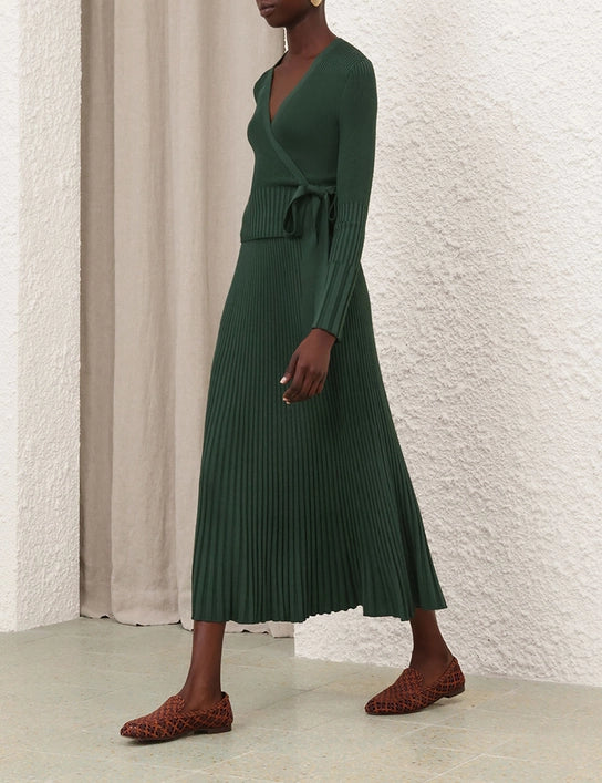 Pleated Rib Midi Skirt in Dark Green