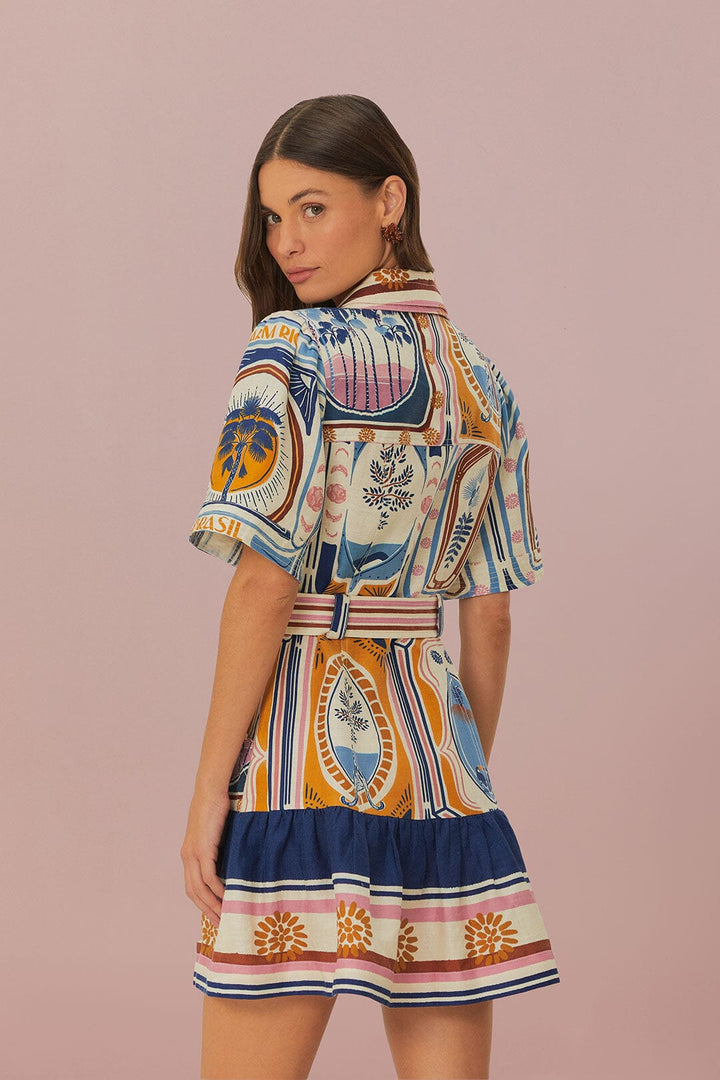 Cerrado Stamps Cream Short Sleeve Mini Dress