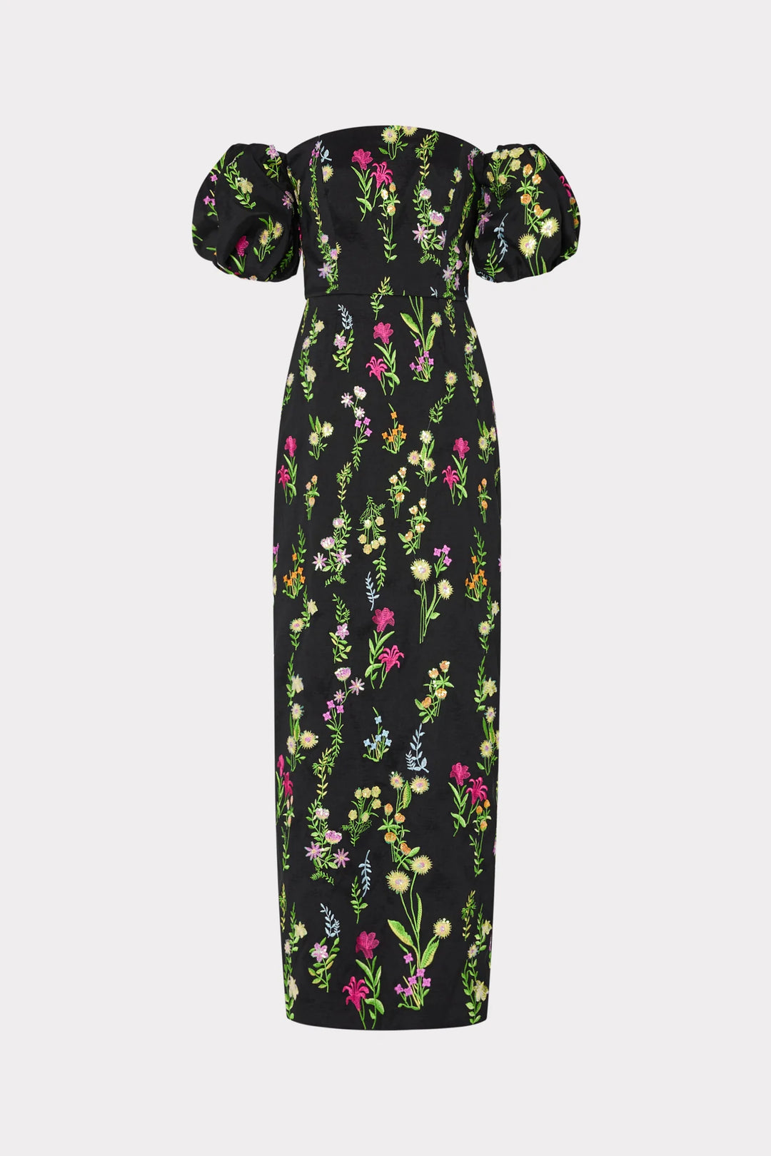 Nira Bloom Embroidered Black Duchesse Satin Dress