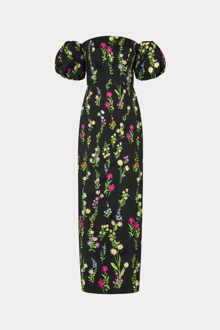 Nira Bloom Embroidered Black Duchesse Satin Dress