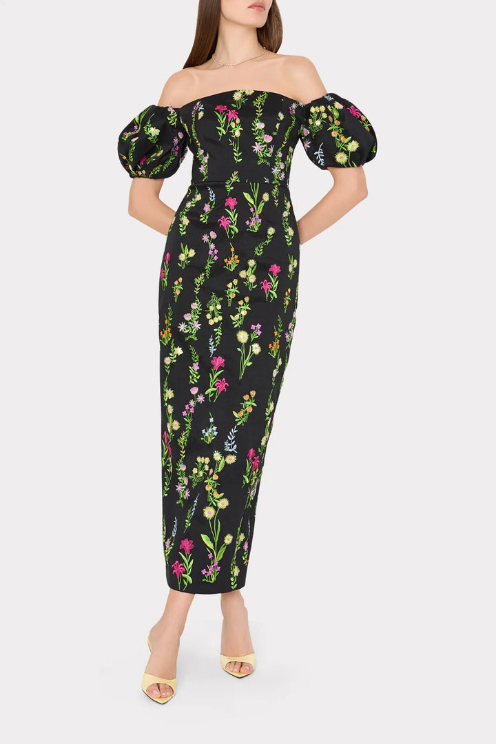 Nira Bloom Embroidered Black Duchesse Satin Dress