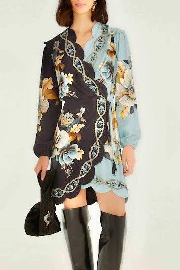 SNAKE GARDEN MIX WRAP WAVY MINI DRESS