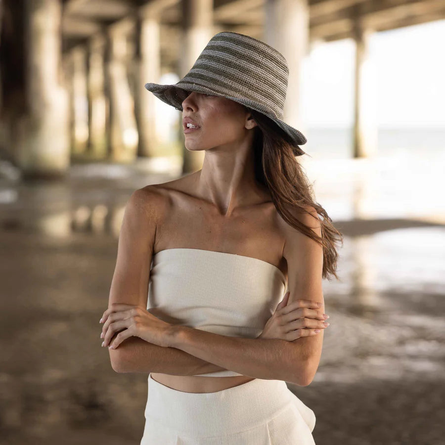 Striped Scallop Crochet Bucket Hat in Olive Sky