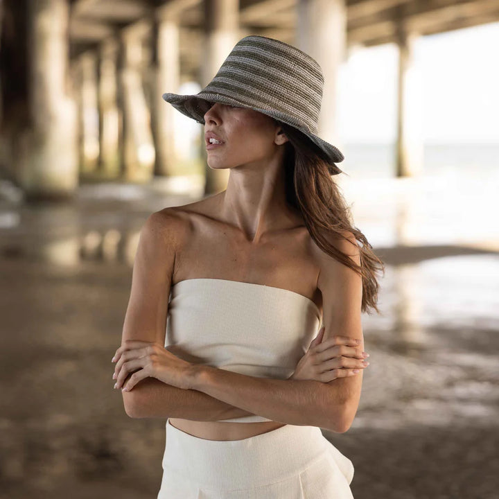 Striped Scallop Crochet Bucket Hat in Olive Sky