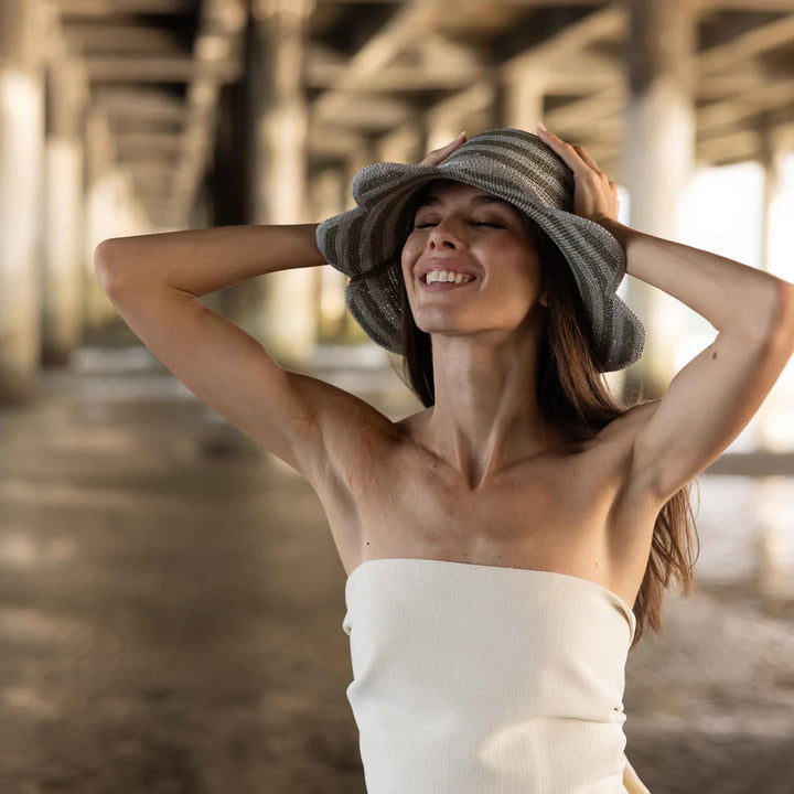 Striped Scallop Crochet Bucket Hat in Olive Sky