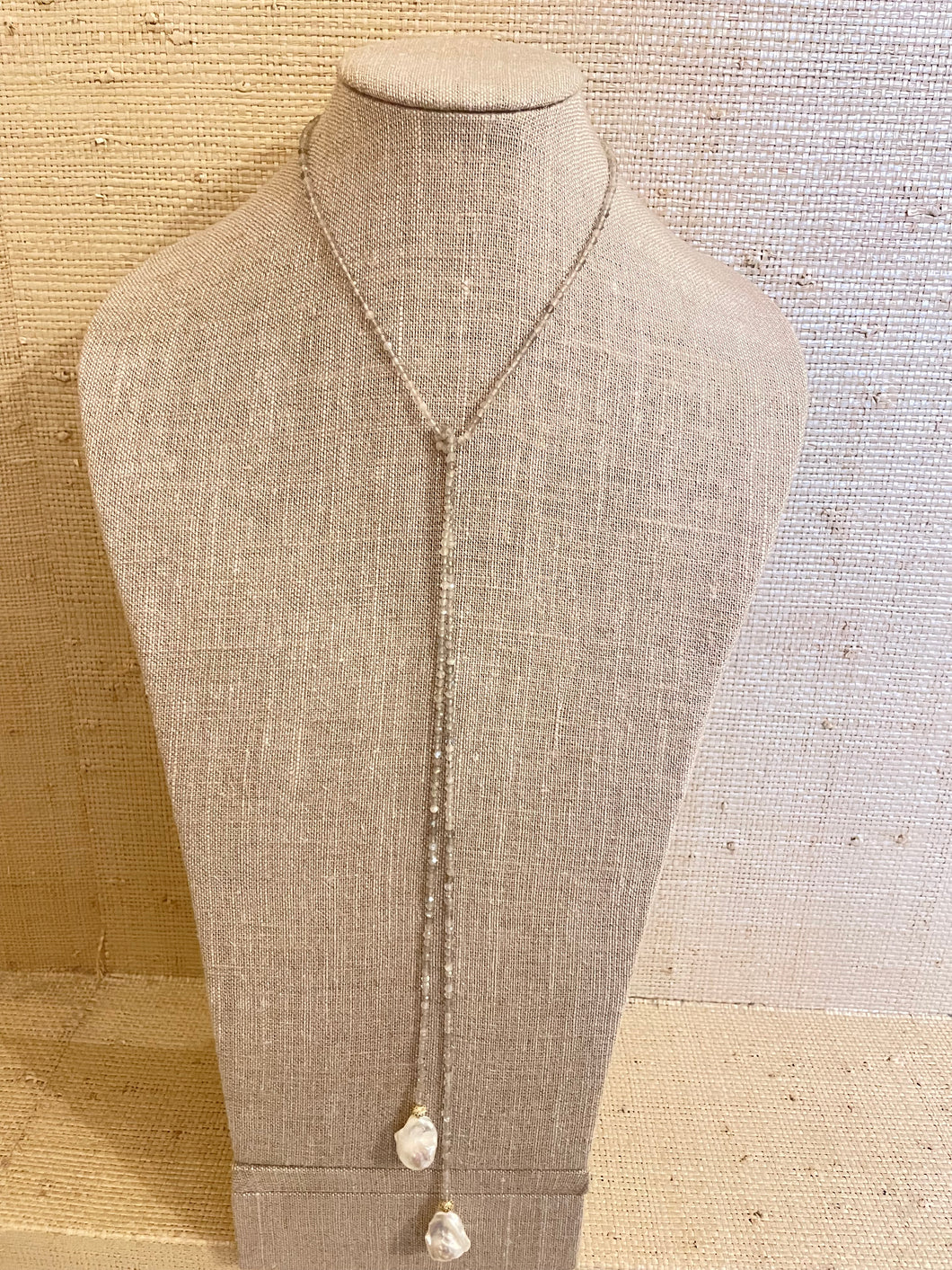 Gray Quartz and Baroque Pearl Small Lariat