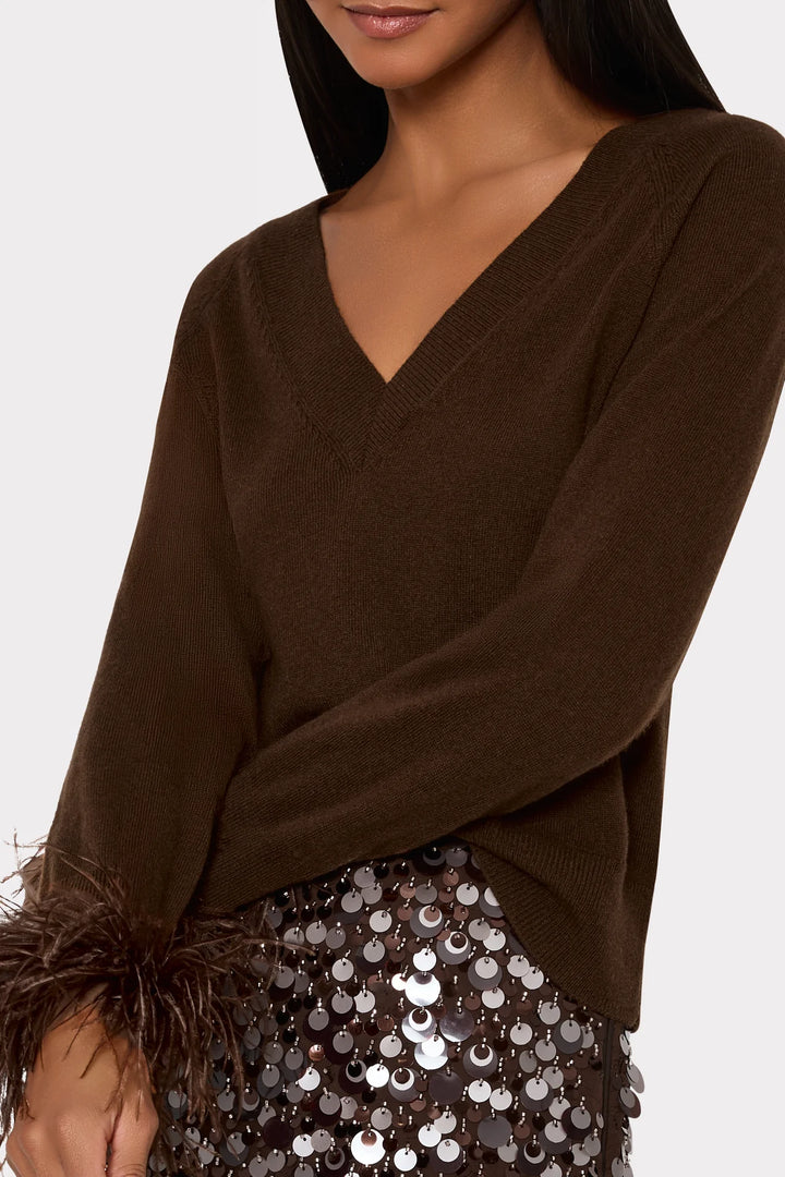 Feather Cuff V-Neck Sweater