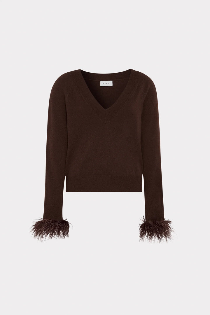 Feather Cuff V-Neck Sweater