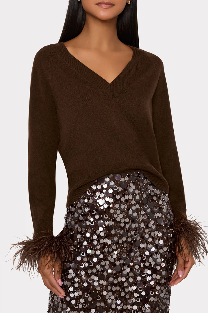 Feather Cuff V-Neck Sweater