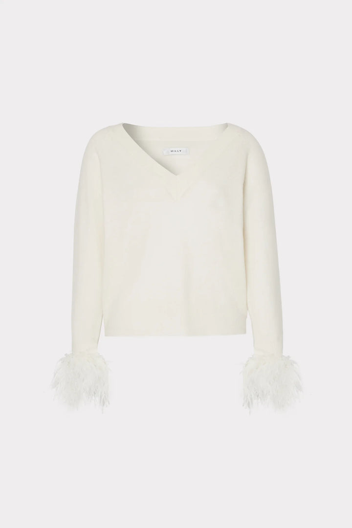 Feather Cuff V-Neck Sweater