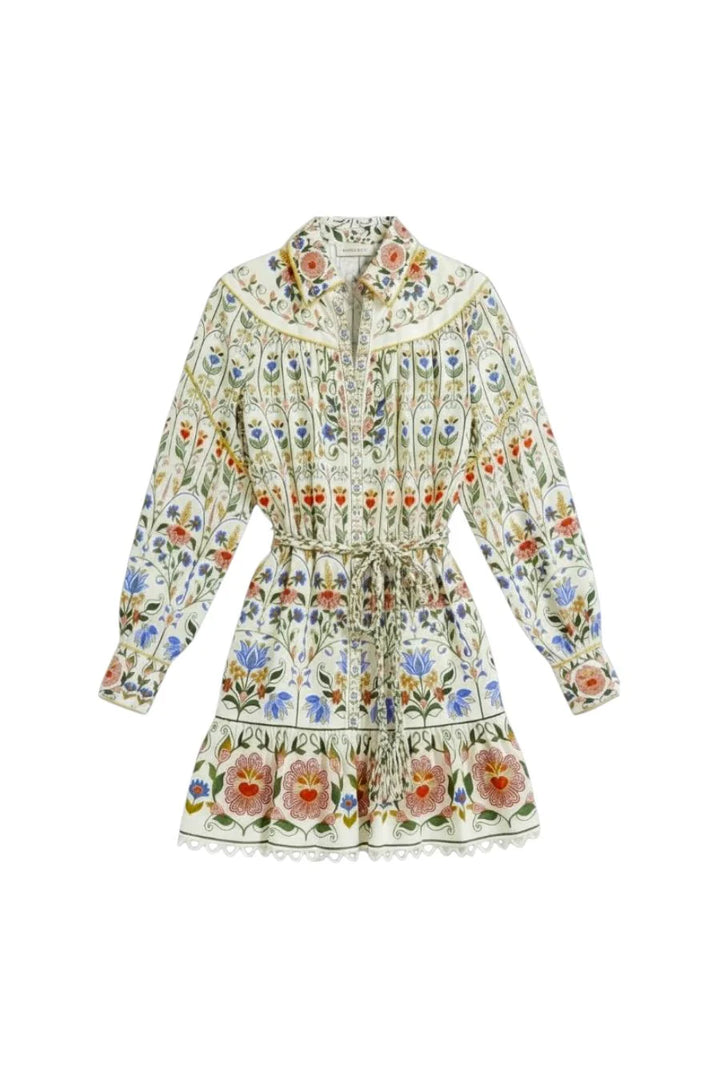 Stitched Garden Long Sleeve Cotton Blend Mini Shirtdress
