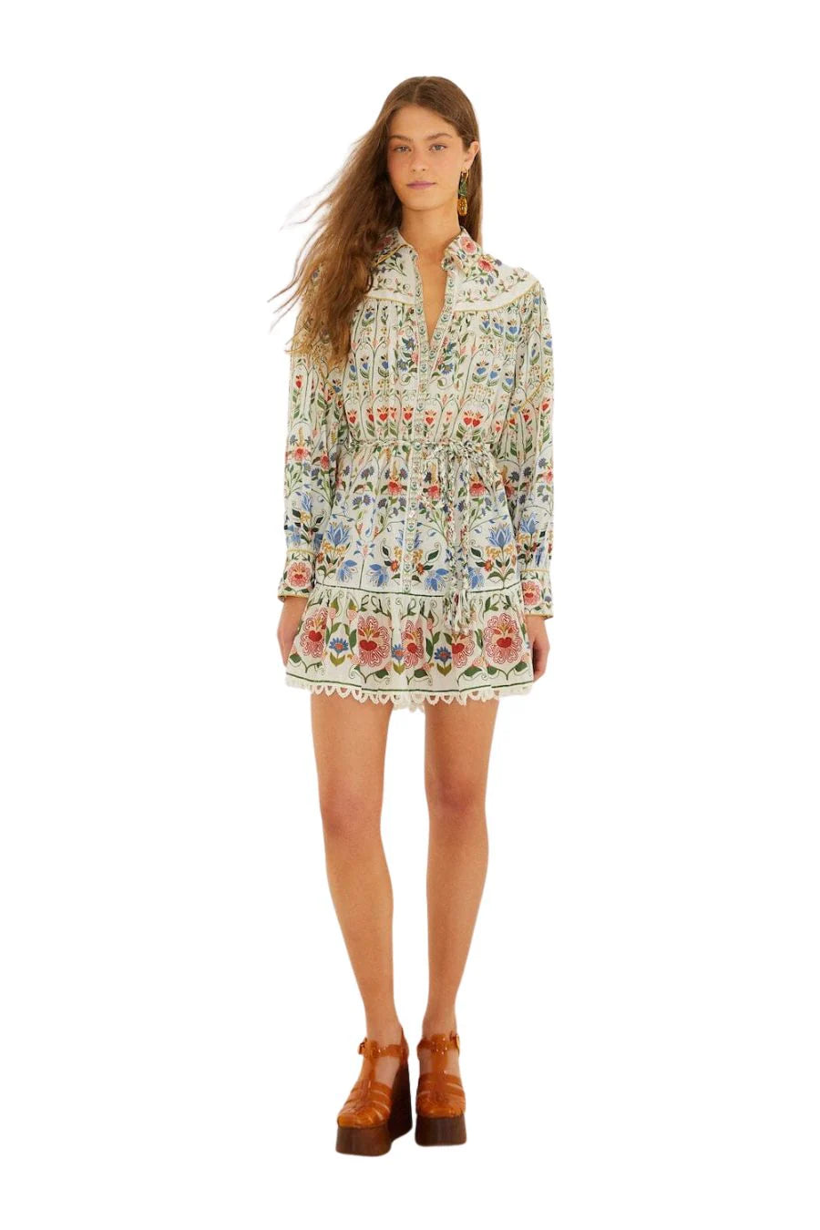 Stitched Garden Long Sleeve Cotton Blend Mini Shirtdress