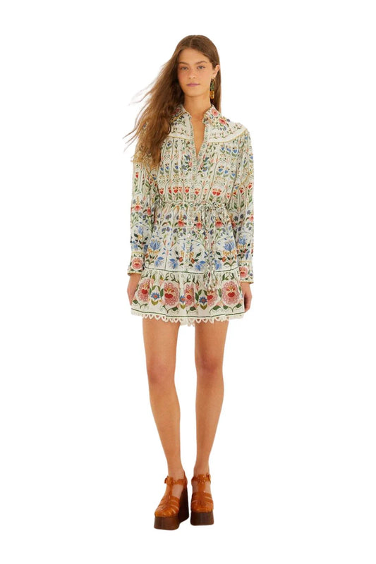 Stitched Garden Long Sleeve Cotton Blend Mini Shirtdress
