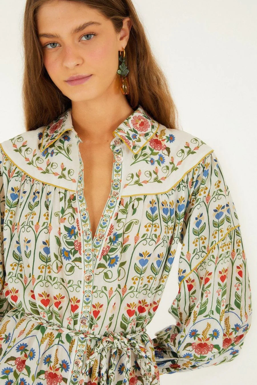 Stitched Garden Long Sleeve Cotton Blend Mini Shirtdress