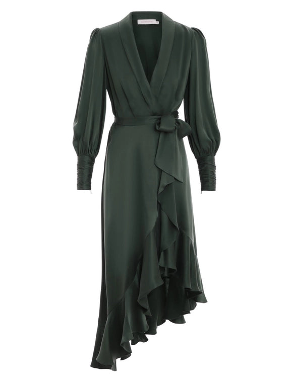 Silk Wrap Midi Dress in Dark Green