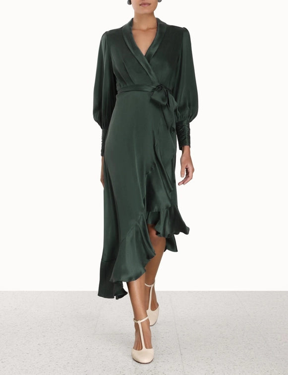 Silk Wrap Midi Dress in Dark Green