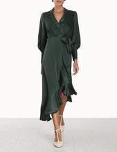 Load image into Gallery viewer, Silk Wrap Midi Dress in Dark Green