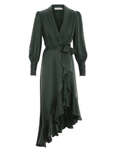 Load image into Gallery viewer, Silk Wrap Midi Dress in Dark Green