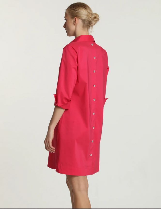 Aileen 3/4 Sleeve Button Back Dress in Bright Pink