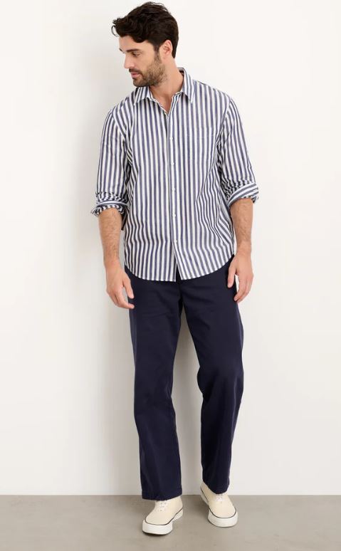 Mill Shirt in Wide Stripe Portugese Poplin Navy/White