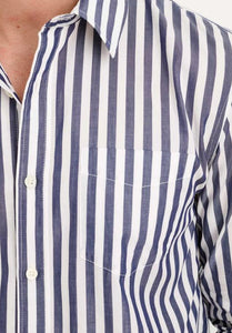 Mill Shirt in Wide Stripe Portugese Poplin Navy/White