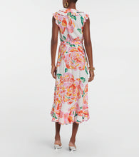 Load image into Gallery viewer, Aude V Neck Orange Macro Peony Midi Dress