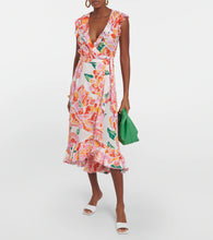 Load image into Gallery viewer, Aude V Neck Orange Macro Peony Midi Dress