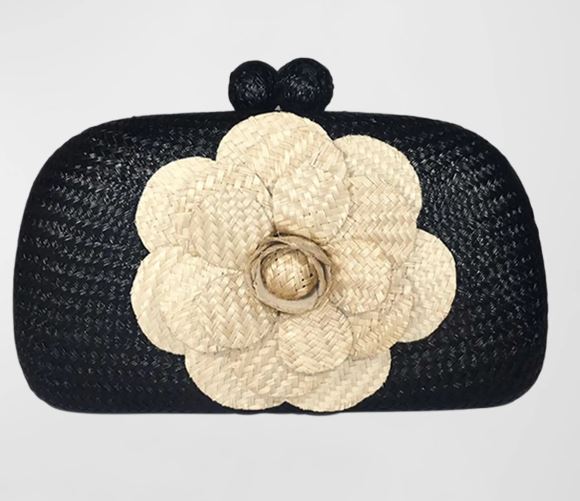 Mia Flower Bun Clutch Bag in Black/Sand