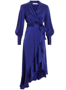 Silk Wrap Midi Dress in Lapis