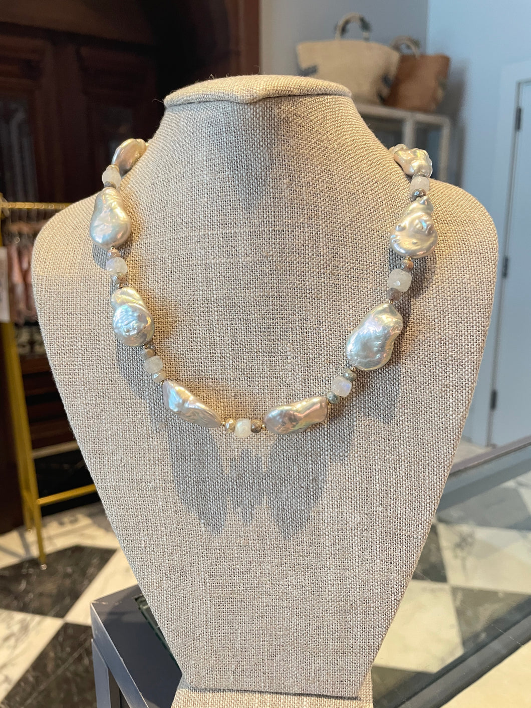 Grey Baroque Pearl, 14K Gold Filled Moonstone & Mystic Labradorite Necklace